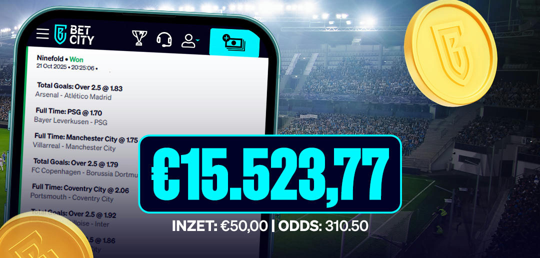 Big Win: BetCity-speler wint €15.523,77 met magistraal rijtje 